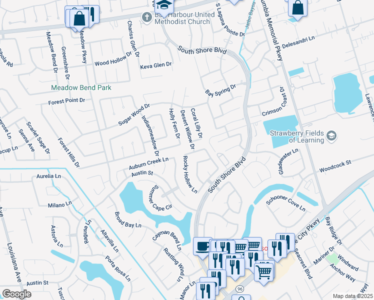 map of restaurants, bars, coffee shops, grocery stores, and more near 603 Rocky Hollow Lane in League City
