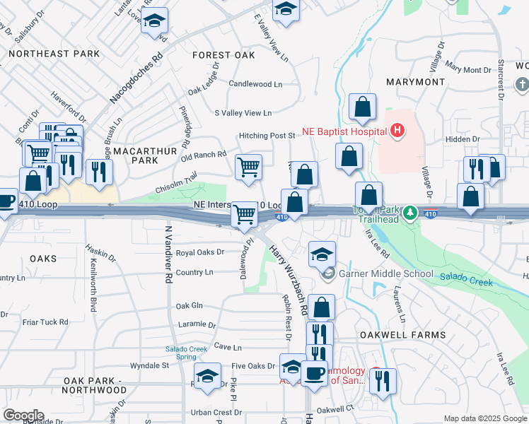 map of restaurants, bars, coffee shops, grocery stores, and more near Interstate 410 in San Antonio
