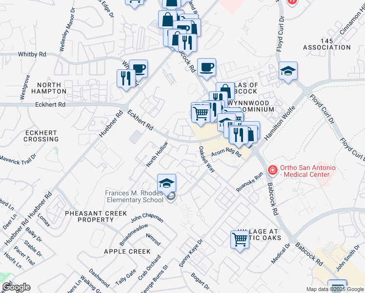 map of restaurants, bars, coffee shops, grocery stores, and more near 8050 Oakdell Way in San Antonio