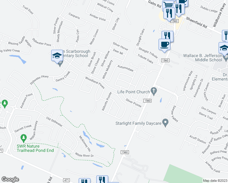 map of restaurants, bars, coffee shops, grocery stores, and more near 11819 Silver Prairie in San Antonio