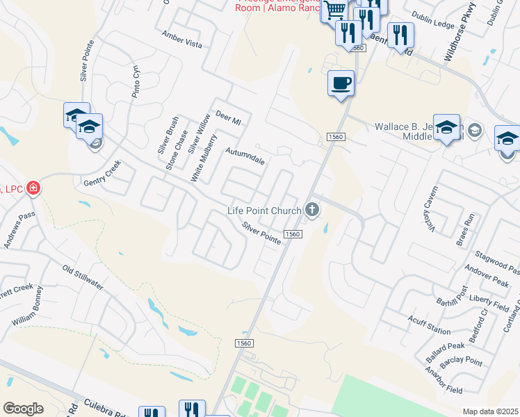 map of restaurants, bars, coffee shops, grocery stores, and more near 8014 Ashwood Pointe in San Antonio