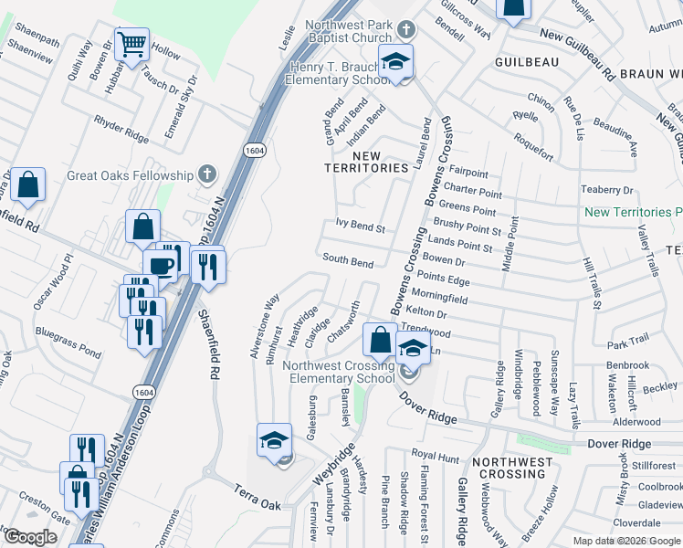 map of restaurants, bars, coffee shops, grocery stores, and more near 7722 Heathridge in San Antonio