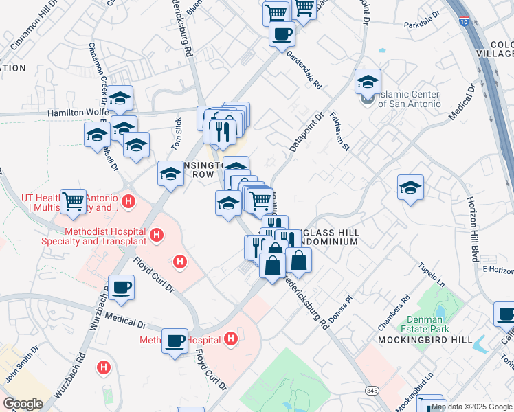 map of restaurants, bars, coffee shops, grocery stores, and more near 8124 Fredericksburg Road in San Antonio