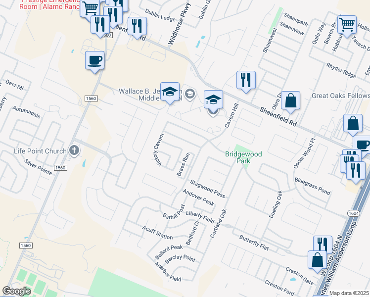 map of restaurants, bars, coffee shops, grocery stores, and more near 8115 Sandbar Point in San Antonio