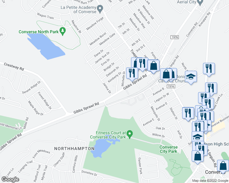 map of restaurants, bars, coffee shops, grocery stores, and more near 201 Brenda Drive in Converse