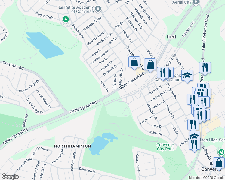 map of restaurants, bars, coffee shops, grocery stores, and more near 201 Brenda Drive in Converse