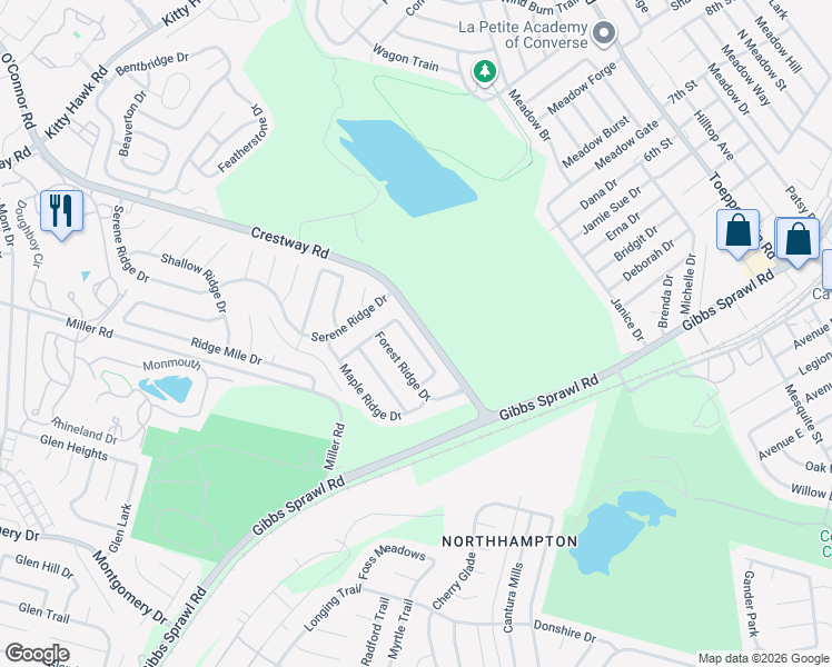 map of restaurants, bars, coffee shops, grocery stores, and more near 8428 Forest Ridge Drive in San Antonio