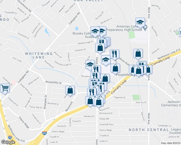 map of restaurants, bars, coffee shops, grocery stores, and more near 2627 Kerrybrook Court in San Antonio