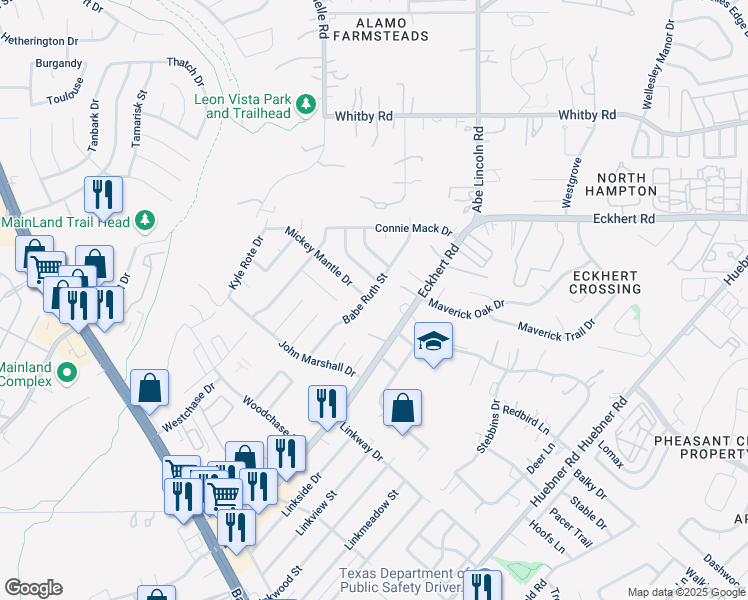 map of restaurants, bars, coffee shops, grocery stores, and more near 8158 Babe Ruth Street in San Antonio