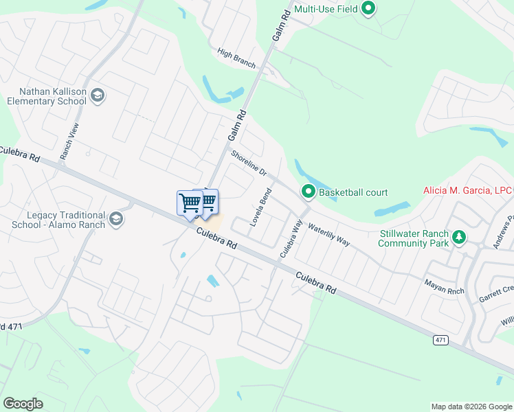 map of restaurants, bars, coffee shops, grocery stores, and more near 8103 Lovela Bend in San Antonio