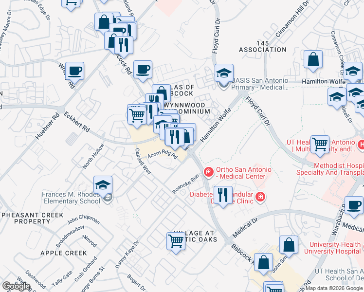 map of restaurants, bars, coffee shops, grocery stores, and more near 5264 Hamilton Wolfe Road in San Antonio