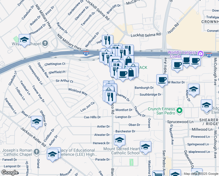 map of restaurants, bars, coffee shops, grocery stores, and more near 200 Lundblade Lane in San Antonio