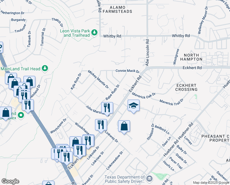 map of restaurants, bars, coffee shops, grocery stores, and more near 8158 Babe Ruth Street in San Antonio