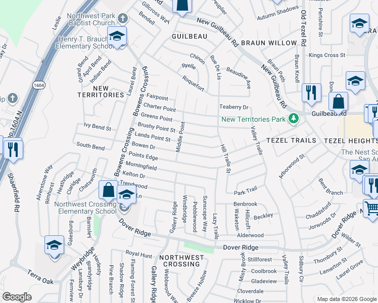 map of restaurants, bars, coffee shops, grocery stores, and more near 9331 Points Edge in San Antonio