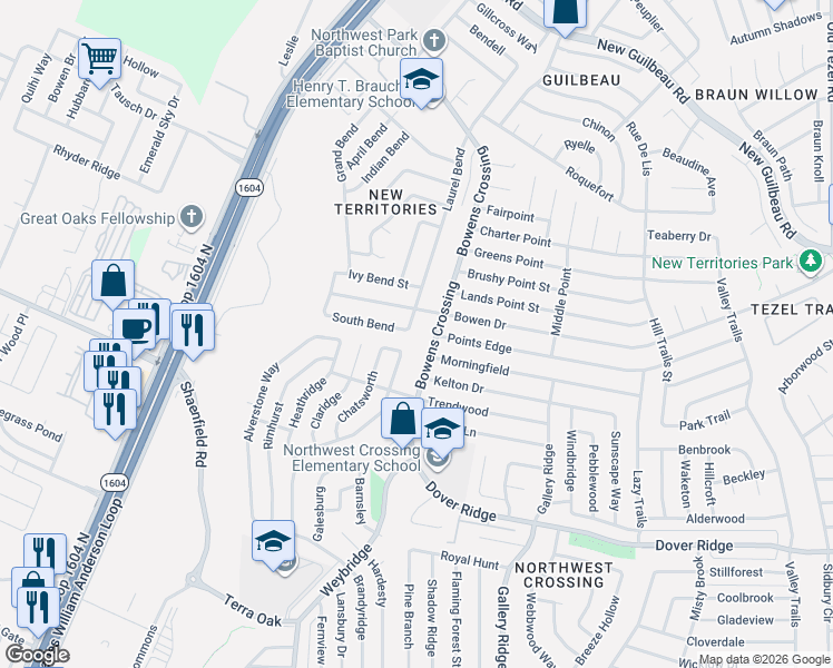 map of restaurants, bars, coffee shops, grocery stores, and more near 7742 Branston in San Antonio