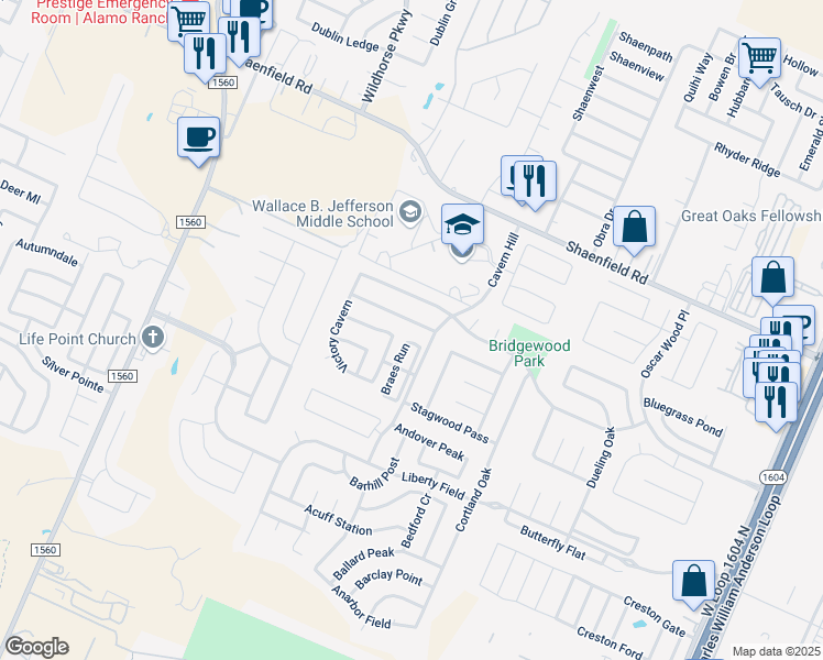 map of restaurants, bars, coffee shops, grocery stores, and more near 8127 Thicket Pass in San Antonio