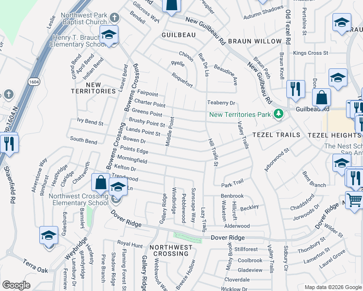 map of restaurants, bars, coffee shops, grocery stores, and more near 9331 Points Edge in San Antonio