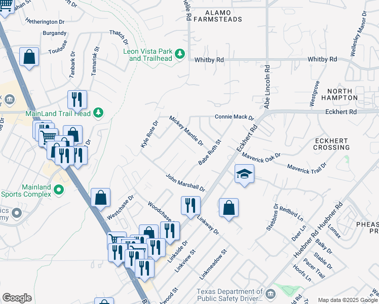 map of restaurants, bars, coffee shops, grocery stores, and more near 8143 Babe Ruth Street in San Antonio