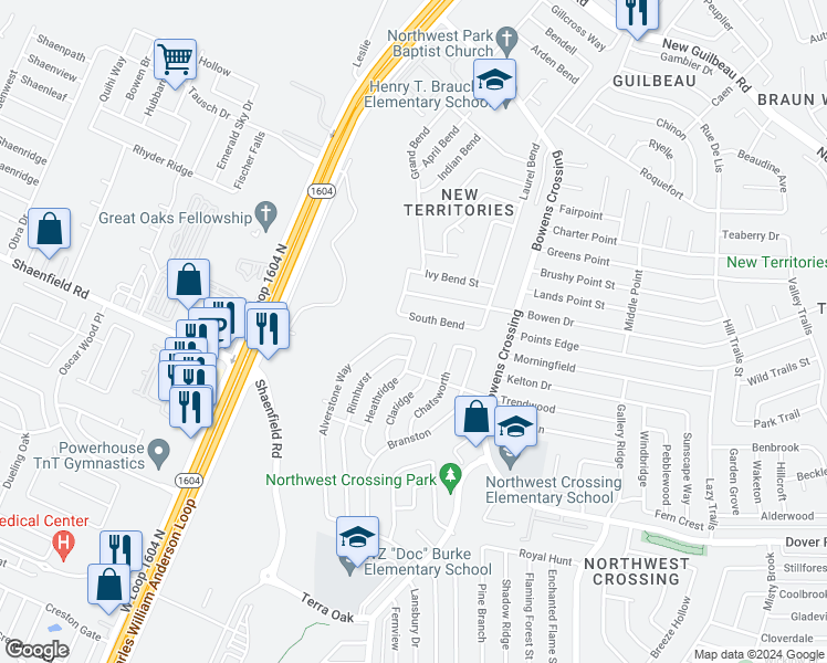 map of restaurants, bars, coffee shops, grocery stores, and more near 7779 Alverstone Way in San Antonio