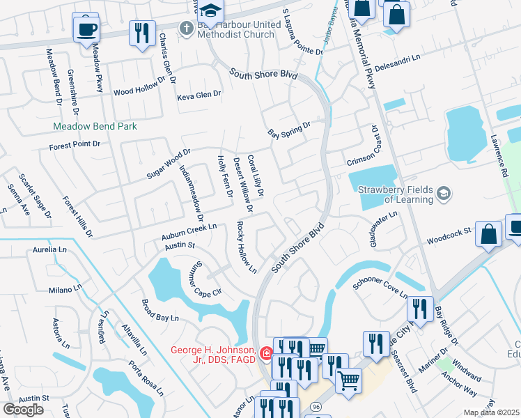map of restaurants, bars, coffee shops, grocery stores, and more near 2974 Windy Briar Lane in League City
