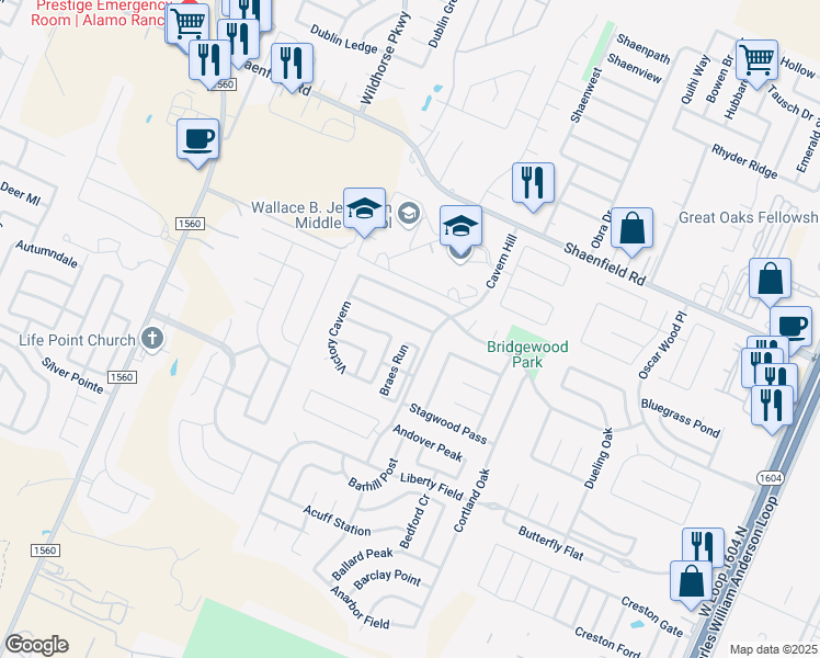 map of restaurants, bars, coffee shops, grocery stores, and more near 8127 Thicket Pass in San Antonio