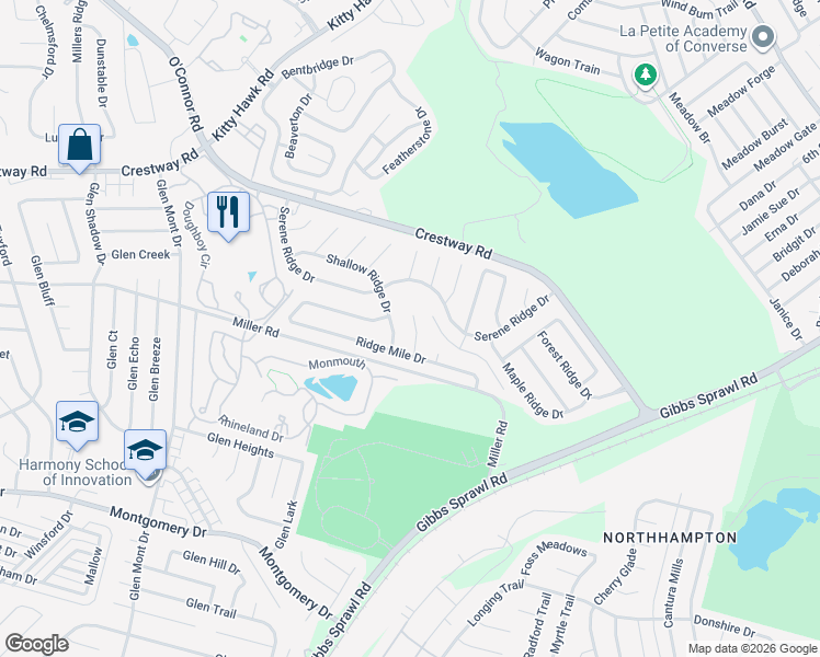 map of restaurants, bars, coffee shops, grocery stores, and more near 8602 Ridge Flower Drive in San Antonio