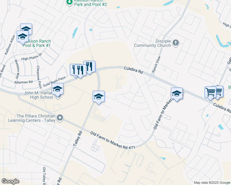 map of restaurants, bars, coffee shops, grocery stores, and more near 8107 Limerick Falls in San Antonio