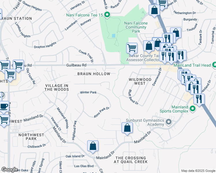 map of restaurants, bars, coffee shops, grocery stores, and more near 7611 Braun Bend in San Antonio