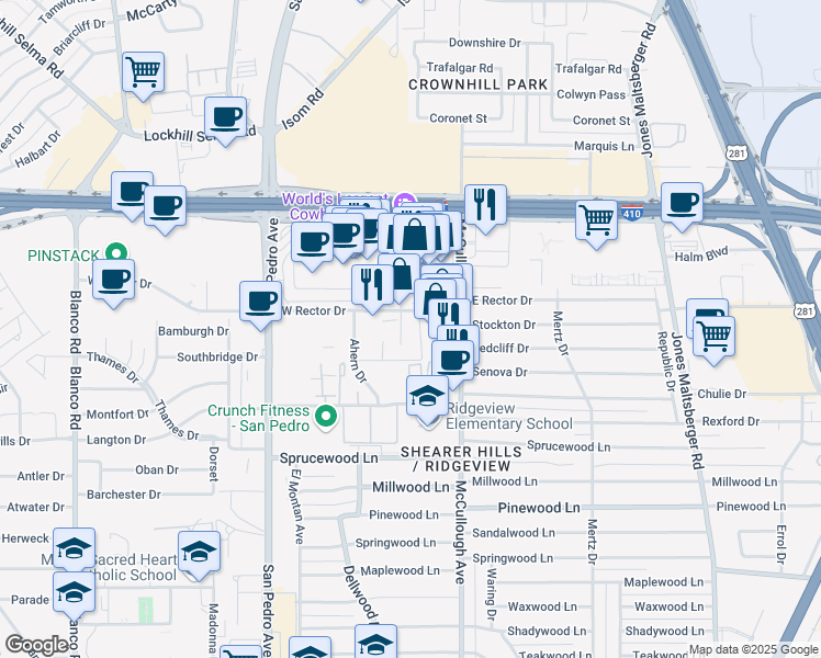map of restaurants, bars, coffee shops, grocery stores, and more near 8507 McCullough Avenue in San Antonio