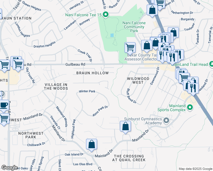 map of restaurants, bars, coffee shops, grocery stores, and more near 7611 Braun Bend in San Antonio