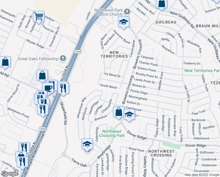 map of restaurants, bars, coffee shops, grocery stores, and more near 9538 Bowen Drive in San Antonio