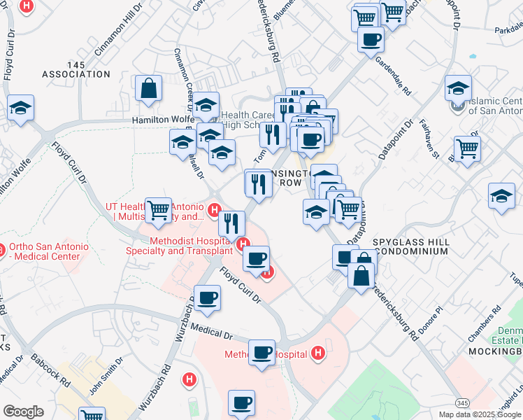 map of restaurants, bars, coffee shops, grocery stores, and more near 8222 Wurzbach Road in San Antonio