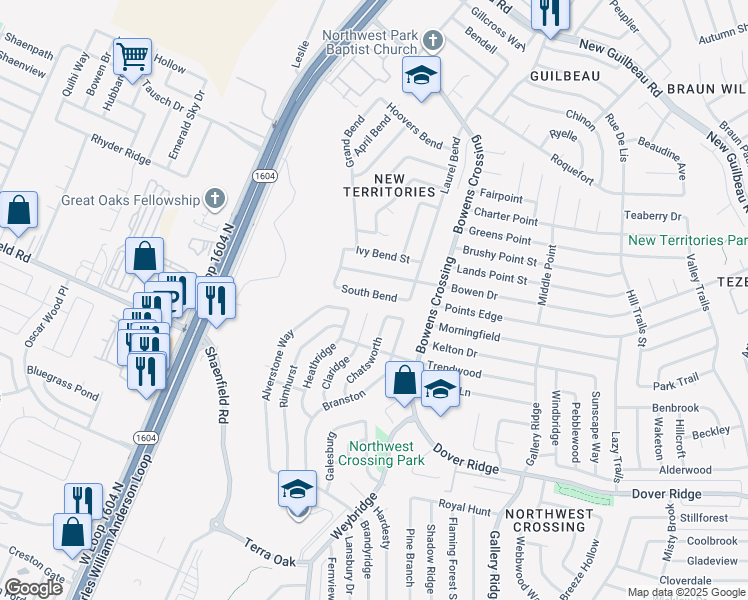 map of restaurants, bars, coffee shops, grocery stores, and more near 9538 Bowen Drive in San Antonio
