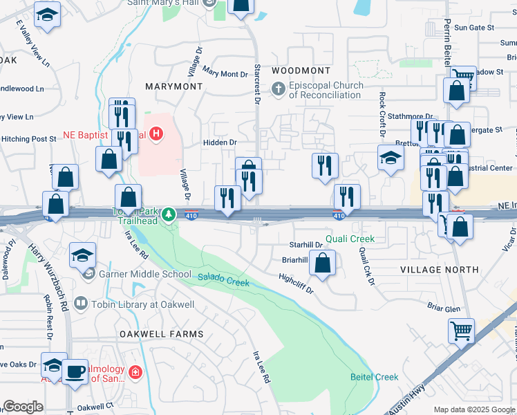 map of restaurants, bars, coffee shops, grocery stores, and more near NE Interstate 410 Loop Frontage Rd & Starcrest Dr in San Antonio