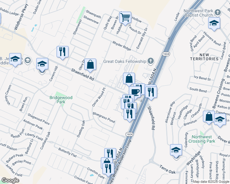 map of restaurants, bars, coffee shops, grocery stores, and more near 10503 Talon Point in San Antonio