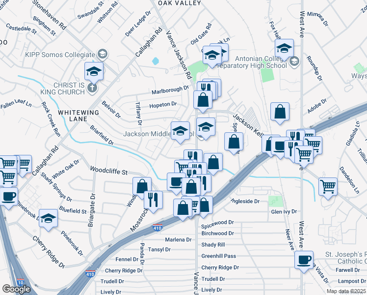 map of restaurants, bars, coffee shops, grocery stores, and more near 2627 Kerrybrook Court in San Antonio