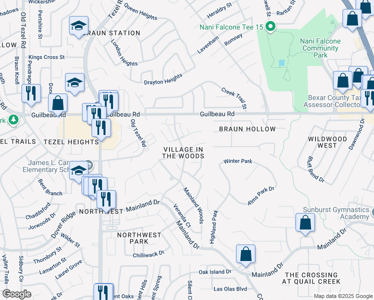 map of restaurants, bars, coffee shops, grocery stores, and more near 9230 Camborne in San Antonio