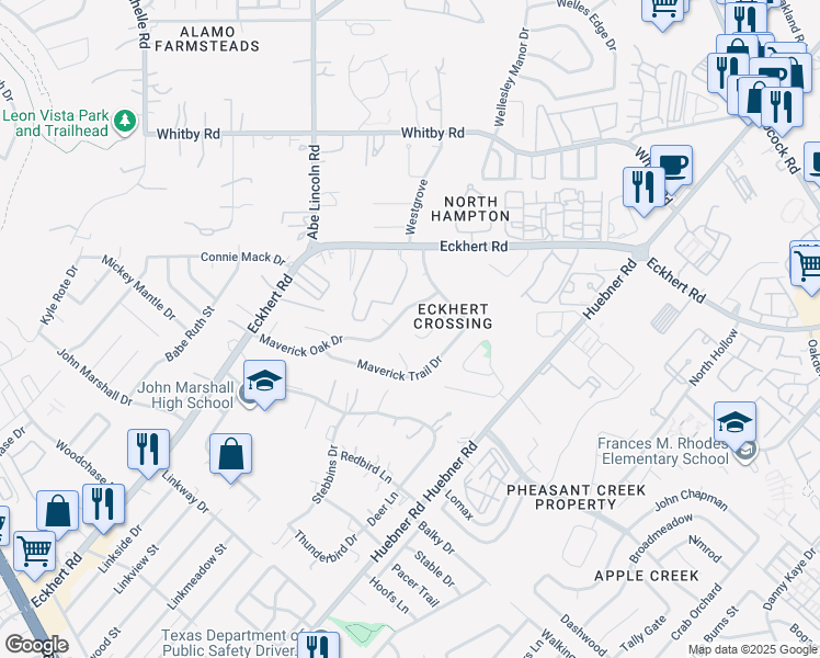 map of restaurants, bars, coffee shops, grocery stores, and more near 8242 Border Mist Drive in San Antonio