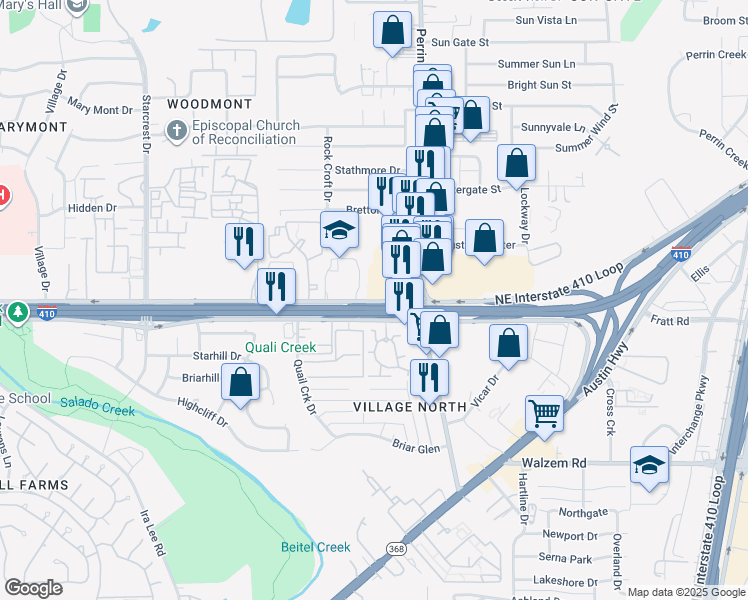 map of restaurants, bars, coffee shops, grocery stores, and more near 2569 Northeast Interstate 410 Loop in San Antonio