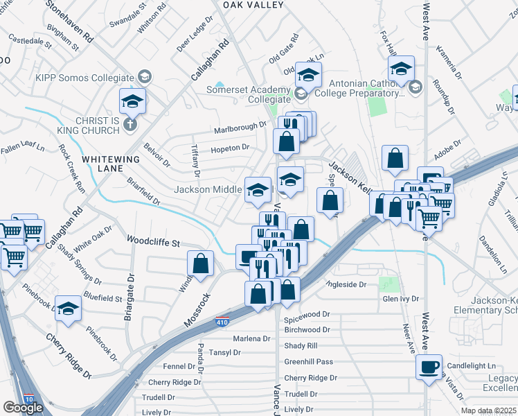 map of restaurants, bars, coffee shops, grocery stores, and more near 8510 Dudley Drive in San Antonio