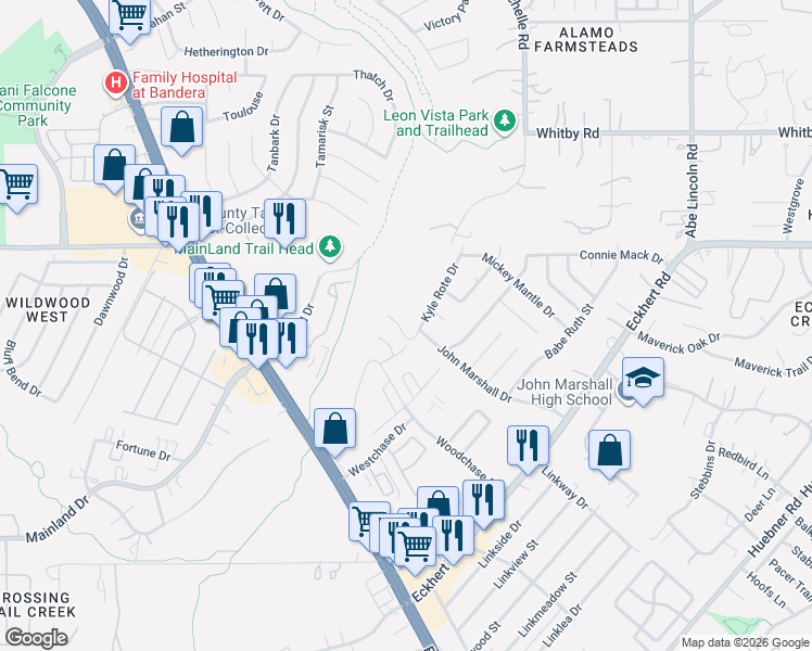 map of restaurants, bars, coffee shops, grocery stores, and more near 8219 Kyle Rote Street in San Antonio