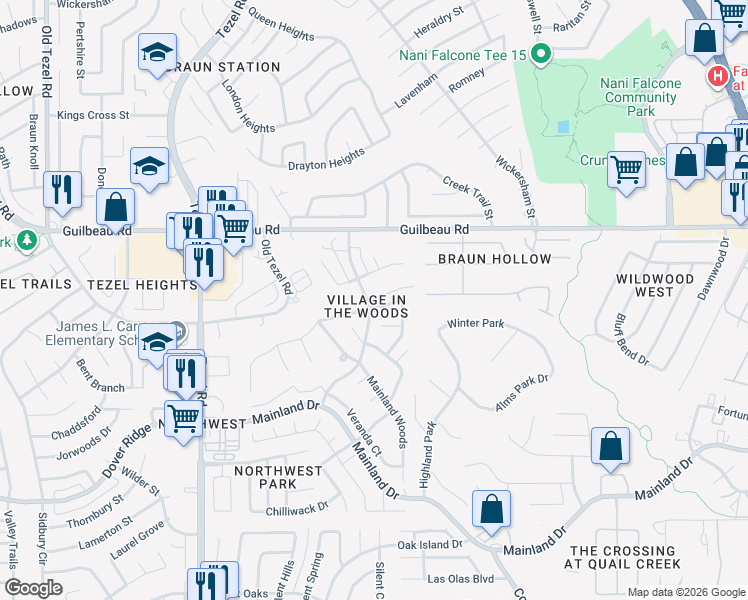 map of restaurants, bars, coffee shops, grocery stores, and more near 9230 Camborne in San Antonio