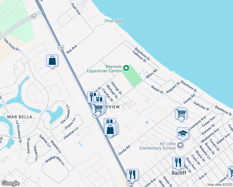 map of restaurants, bars, coffee shops, grocery stores, and more near 3104 George Street in Bacliff