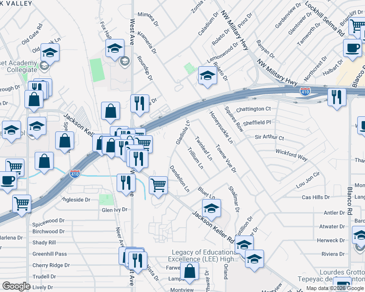map of restaurants, bars, coffee shops, grocery stores, and more near 160 Trillium Lane in San Antonio