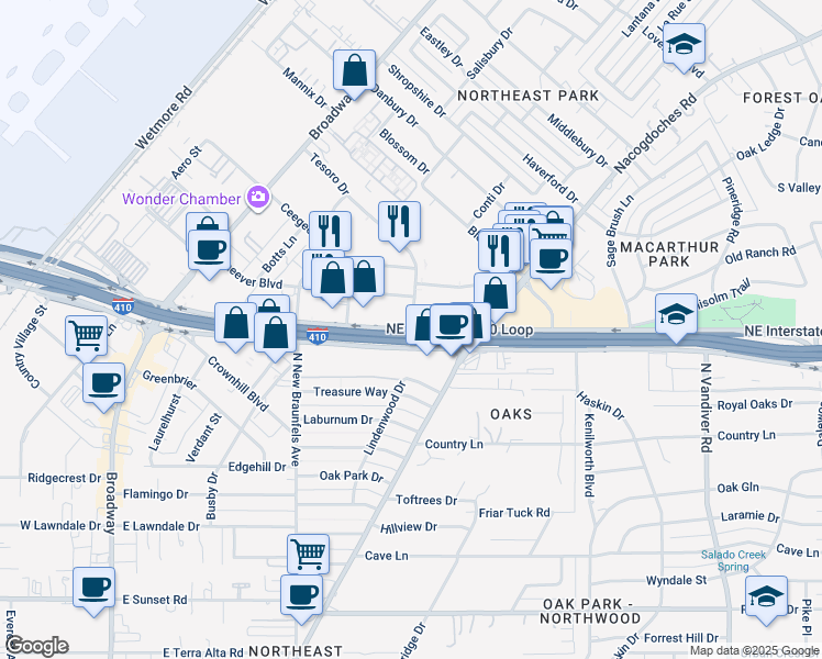 map of restaurants, bars, coffee shops, grocery stores, and more near 8330 Tesoro Drive in San Antonio