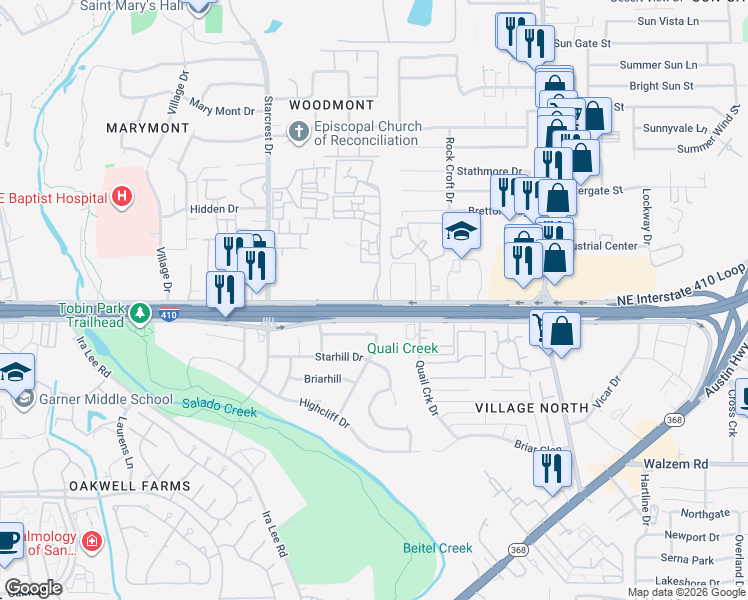 map of restaurants, bars, coffee shops, grocery stores, and more near 2441 Northeast Interstate 410 Loop in San Antonio