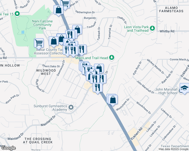 map of restaurants, bars, coffee shops, grocery stores, and more near 8014 Bandera Road in San Antonio