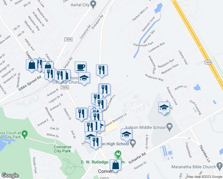 map of restaurants, bars, coffee shops, grocery stores, and more near 8915 Shadow Wood Lane in Converse