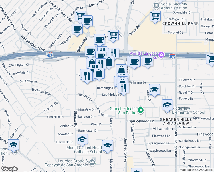 map of restaurants, bars, coffee shops, grocery stores, and more near in San Antonio