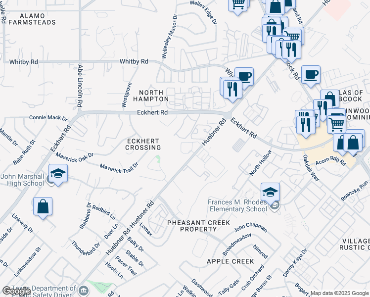 map of restaurants, bars, coffee shops, grocery stores, and more near 6160 Eckhert Road in San Antonio
